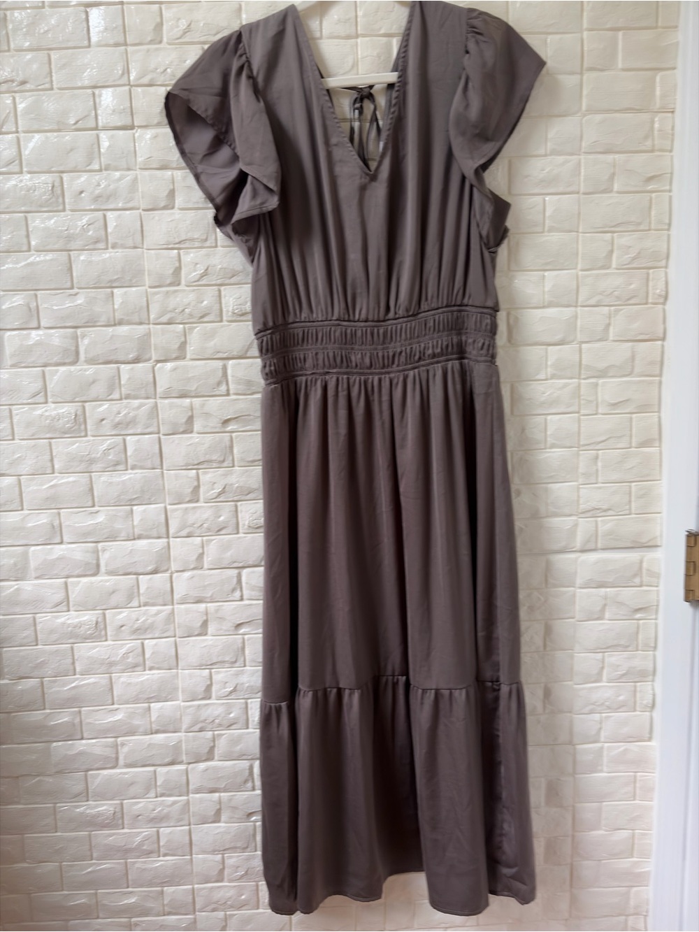Taupe Flutter-Sleeve Midi Dress